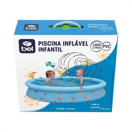 Imagem de Piscina Inflável Infantil 1.000 Litros Estampa Divertida PVC 1,68 M x 51 cm Cor Azul Com Kit Reparo BEL - 100033