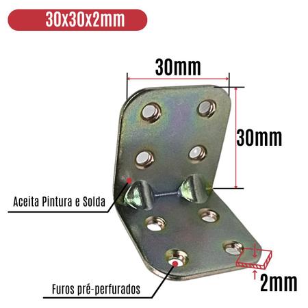 Imagem de Placa de Junção Reforço Dobrada 8 Furos 30X30X2mm Aço 10 Un