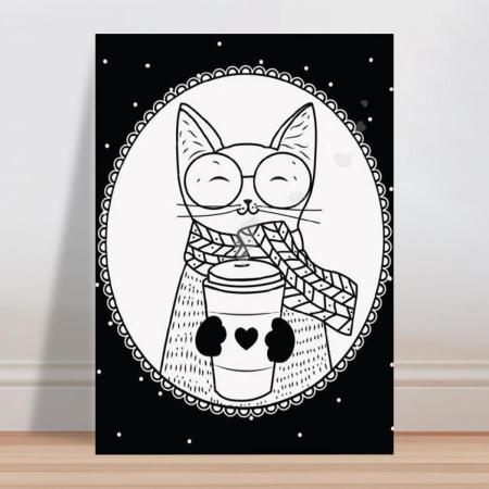 Imagem de Placa decorativa infantil desenho gato tomando café pb