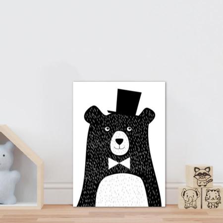 Placa Decorativa Infantil Desenho Urso Fofo Preto e Branco