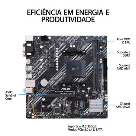 Placa M e Asus Prime A520 E AM4 DDR4 HDMI VGA DVI M.2 A520