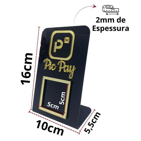 Imagem de Placa Porta Qr Code Pic Pay Display Comercio Acrílico Preto Com dourado
