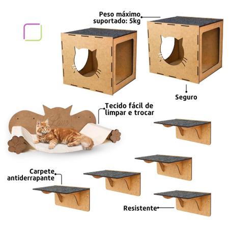 Imagem de Playground de Gatos com 8 Peças Brinquedo para Gato Nicho Rede Diversão para seu Pet Prateleiras Mdf