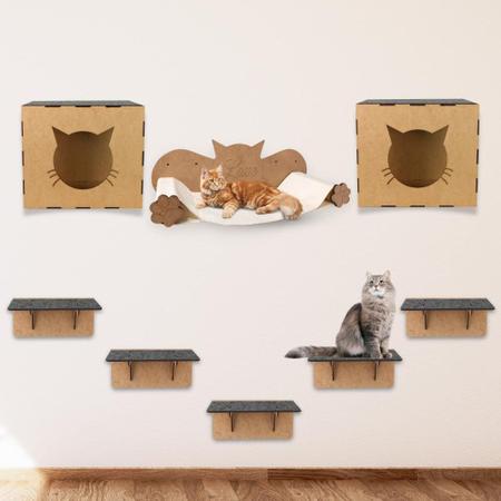 Imagem de Playground de Gatos com 8 Peças Brinquedo para Gato Nicho Rede Diversão para seu Pet Prateleiras Mdf