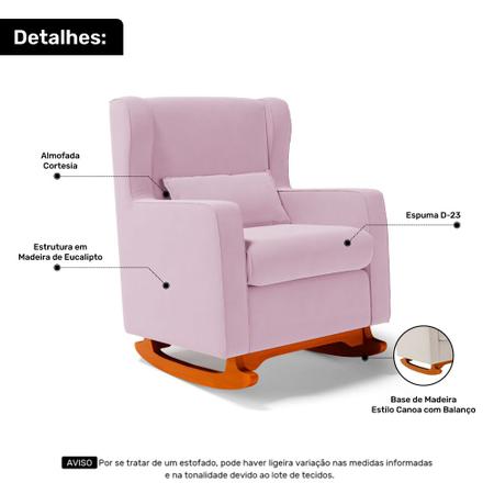 Imagem de Poltrona de Amamentação e Descanso Zoe com Base Balanço Sintético Rosa Bebê - Desk Design