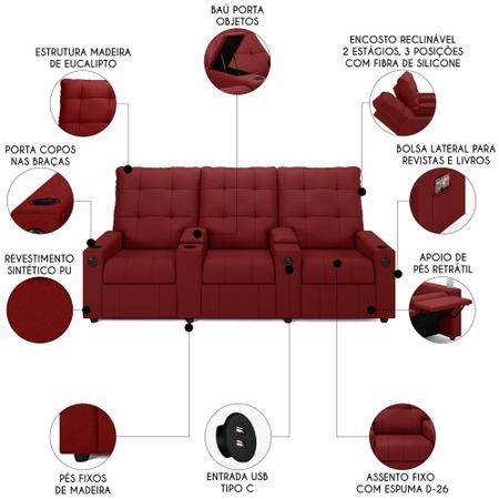 Imagem de Poltrona de Cinema Reclinável 3 Lugares Baú USB Mallie FH9 PU Vermelho - Mpozenato