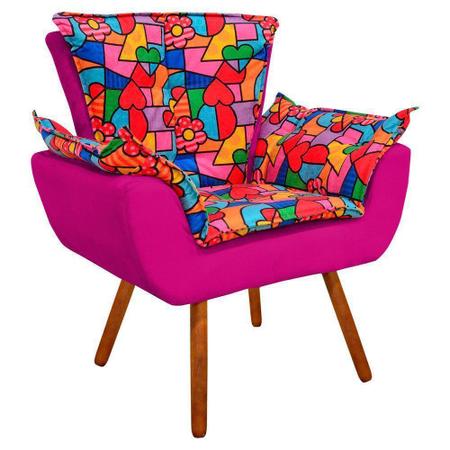 Imagem de Poltrona Decorativa Opala Suede Composê Estampado Romero Britto D15 e Suede Pink - D'Rossi