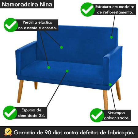 Imagem de Poltrona Namoradeira Nina 2 Lugares Recepção Sala Escritório Suede Azul Royal