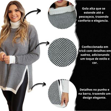 Blusa Poncho Tricot Gola Alta Xadrez Geométrico Moda Inverno