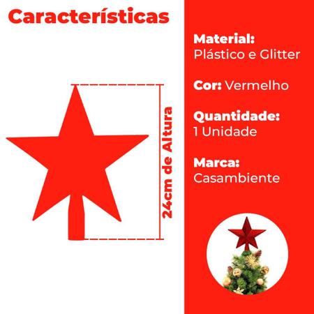 Imagem de Ponteira Estrela para  Árvore de Natal Vermelha 23,5cm - Casambiente