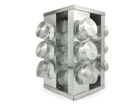 Imagem de Porta Condimentos Em Aço Inox Com 12 Potes De Vidro e Base Giratório