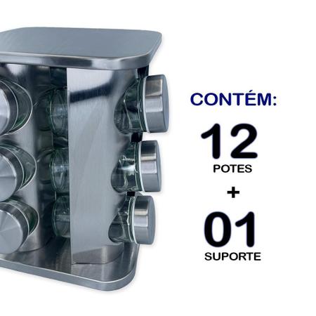 Imagem de Porta Condimentos Giratório Aço Inox + 12 Potes De Vidro