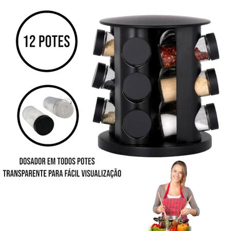 Imagem de Porta Condimentos Giratório Inox Preto com 12 Potes 80ml