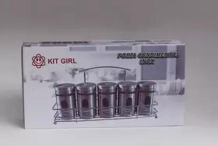 Imagem de Porta Condimentos Inox com Suporte e 05 Potinhos de Vidro com Visor Kit Girl