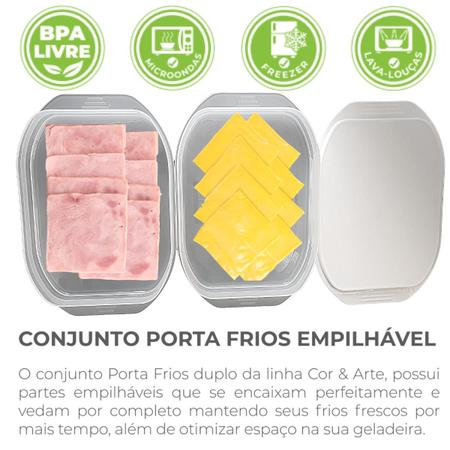 Imagem de Porta Frios Duplo 2 Divisórias Empilhável para Presunto Queijo Mussarela com Tampa 1400 ml