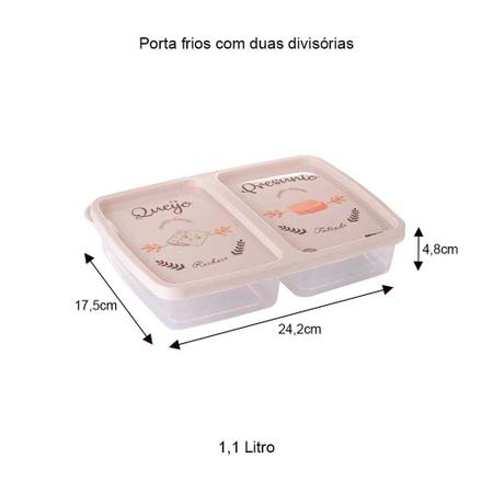 Imagem de Porta frios duplo queijo presunto pote para lanche vasilha marmita 2 divisórias tampa retrô Plasútil