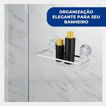 Imagem de Porta Organizador de Shampoo de Parede Prateleira Azulejo Fixação Ventosa Metal Cromado Arthi