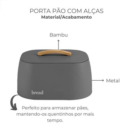 Imagem de Porta Pão Metal Bege 23,5x33,5x18,5cm Alça Bambu e Vedação