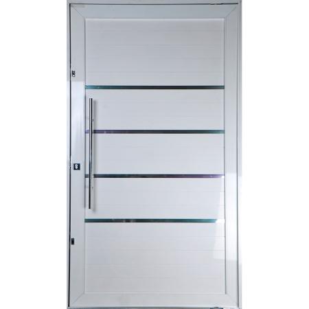 Imagem de Porta Pivotante de Alumínio Lambril 2,40 X 1,00 Com Frisos Puxador e Kit Fechadura Esquerda Cor Branco