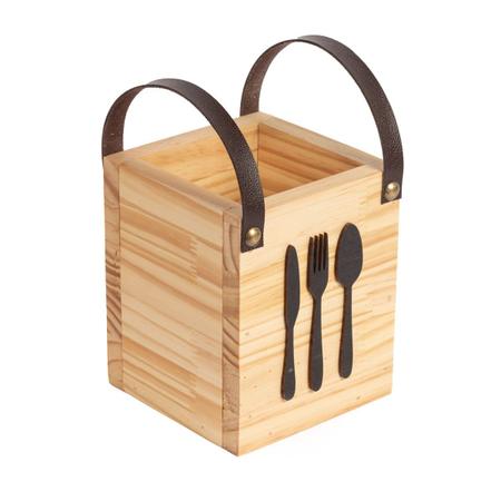 Imagem de Porta talheres garfo faca colher utensilio de cozinha madeira pinus envernizada com alça de couro 15x12,5cm mesa