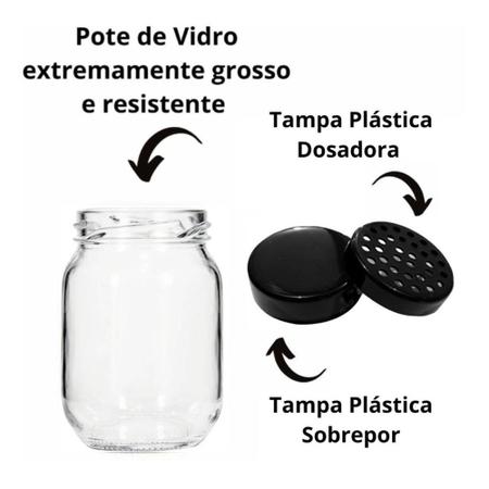 Imagem de Porta Tempero Condimento Kit 12 Potes Vidro Dosador Polvilhador 200ml + Etiquetas