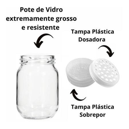 Imagem de Porta Tempero Condimento Kit 12 Potes Vidro Dosador Polvilhador 200ml + Etiquetas