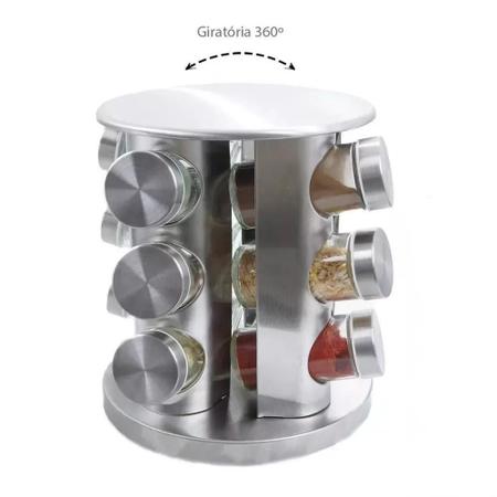 Imagem de Porta Tempero Condimentos Inox 12 Potes de Vidro com Suporte Giratório