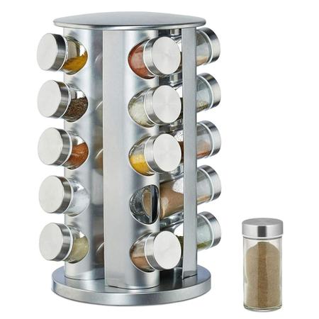 Imagem de Porta Tempero e Condimentos Aço Inox com 20 Potes e Suporte Giratório + 28 Adesivos Rótulos de Temperos Auto-Adesivados