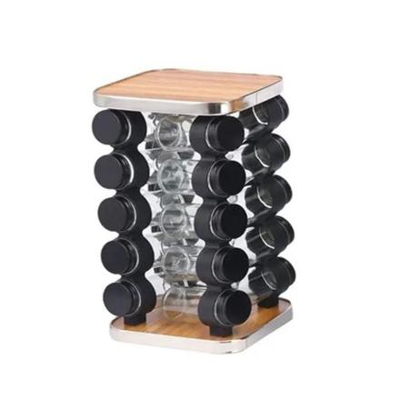 Imagem de Porta tempero  em inox madeira suporte giratorio 20 potes  premium luxo  quadrado 