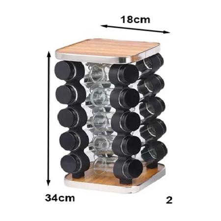 Imagem de Porta tempero  em inox madeira suporte giratorio 20 potes  premium luxo  quadrado 
