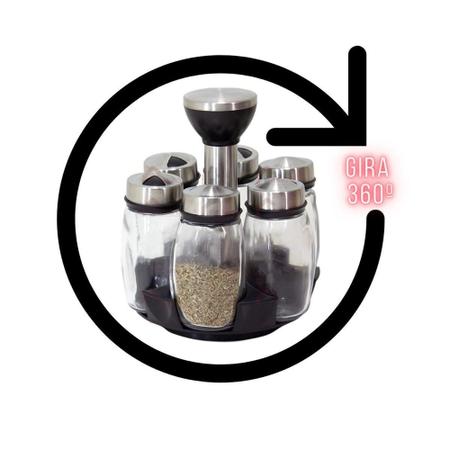 Imagem de Porta Temperos Condimentos Especiarias em Aço Inox e Vidro 6 Peças e Suporte - Unyhome