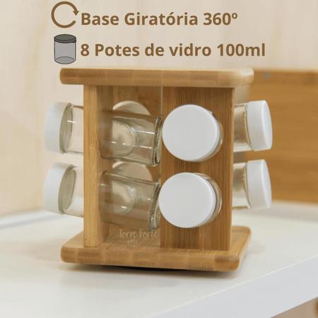 Imagem de Porta Temperos Condimentos Giratório De Bambu 8 Potes De Vidro