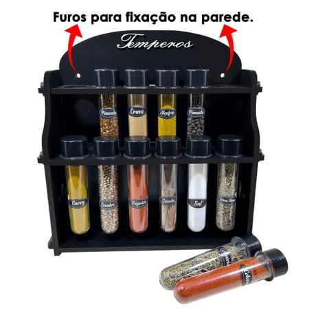 Imagem de Porta Temperos/Condimentos MDF kit 12 Tubetes c/ Tampa + Suporte +  Adesivos *T12