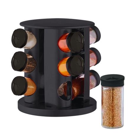 Imagem de Porta Temperos Condimentos Secos Giratório Plástico Preto com 12 Potes 80ml Cozinha Pimenta Páprica Colorante Açafrão 