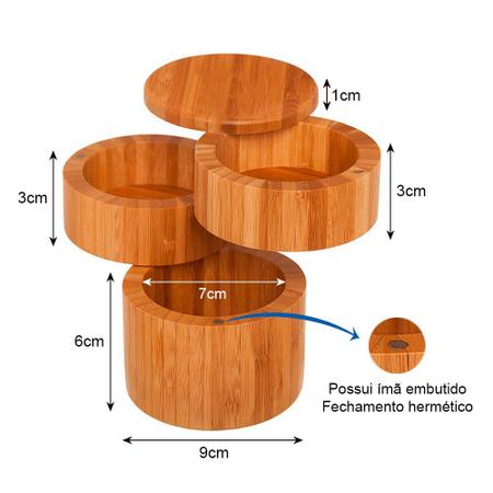Imagem de Porta temperos giratório com 3 divisões pote de bambu armazenar sal pimenta condimentos especiarias
