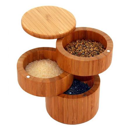 Imagem de Porta temperos giratório com 3 divisões pote de bambu armazenar sal pimenta condimentos especiarias