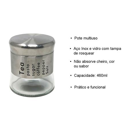 Imagem de Pote de vidro p/ chá baixo c/ tampa aço inox Tea 460ml 10cm