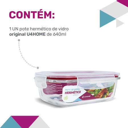 Pote de Vidro Retangular Hermético Marmita Tampa Plástico Alimentos 640ml - U4home Imagem de Pote de Vidro Retangular Hermético Marmita Tampa Plástico Alimentos 640ml