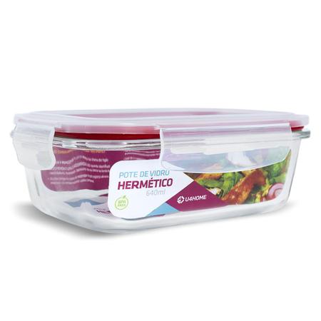 Pote de Vidro Retangular Hermético Marmita Tampa Plástico Alimentos 640ml - U4home Imagem de Pote de Vidro Retangular Hermético Marmita Tampa Plástico Alimentos 640ml