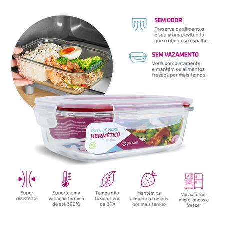 Pote de Vidro Retangular Hermético Marmita Tampa Plástico Alimentos 640ml - U4home Imagem de Pote de Vidro Retangular Hermético Marmita Tampa Plástico Alimentos 640ml