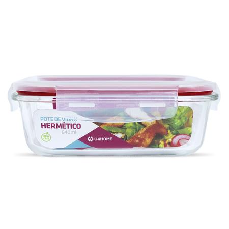 Pote de Vidro Retangular Hermético Marmita Tampa Plástico Alimentos 640ml - U4home Imagem de Pote de Vidro Retangular Hermético Marmita Tampa Plástico Alimentos 640ml