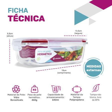 Pote de Vidro Retangular Hermético Marmita Tampa Plástico Alimentos 640ml - U4home Imagem de Pote de Vidro Retangular Hermético Marmita Tampa Plástico Alimentos 640ml