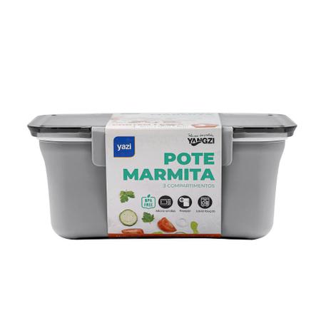 Pote Hermetico Com Tampa Marmita 3 Compartimentos Retangular 19 x 12 cm 1400 ml Cinza Refeição - Yazi Imagem de Pote Hermetico Com Tampa Marmita 3 Compartimentos Retangular 19 x 12 cm 1400 ml Cinza Refeição