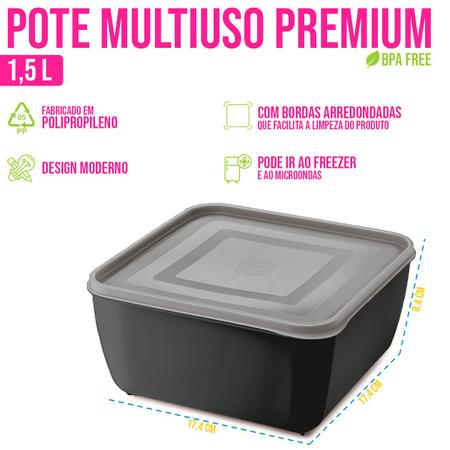 Imagem de Pote Multiuso Quadrado 1,5 L Pratico Armazene seus alimentos Organize Cozinha Resistente Micro-ondas Freezer Tampa Transparente