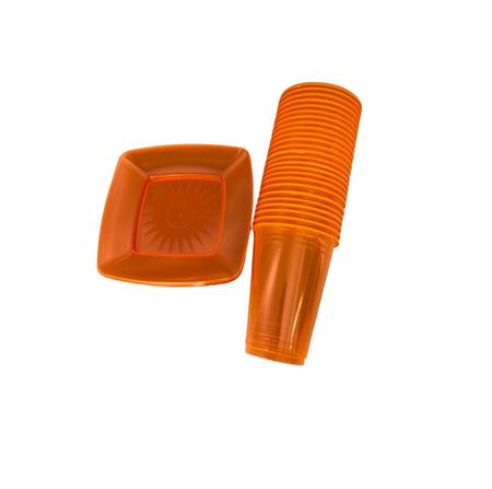 Imagem de Prato acrílico quadrado laranja + Copo laranja- Kit 50un