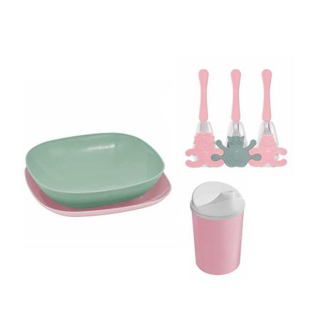 Imagem de Prato Copo e Talheres Infantil Protetor Plastico Kit Rosa Verde