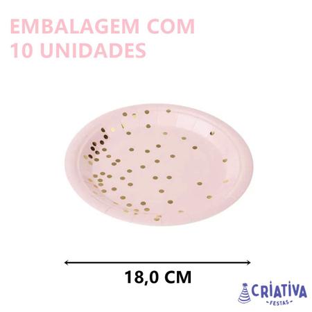 Imagem de Prato de Papel Rosa Poá Dourado - 10 unidades - 18 cm