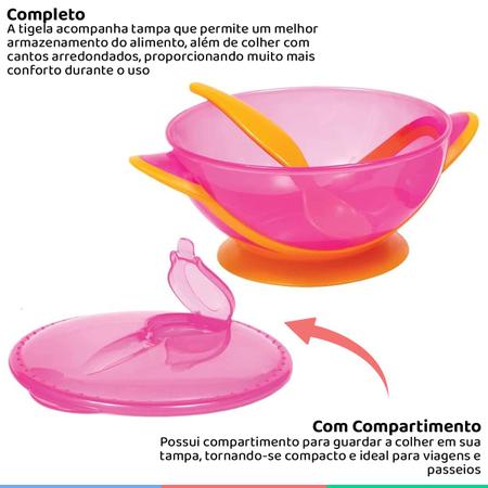 Imagem de Prato Infantil Com Tampa e Colher Para Bebê Com Ventosa Introdução Alimentar 400ml Buba Rosa e Laranja