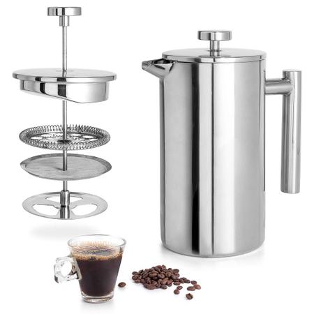 Imagem de Prensa Francesa Cafeteira Café Leite Creme Chá Filtro Inox 600ML Aço Inox Filtração 3 Níveis