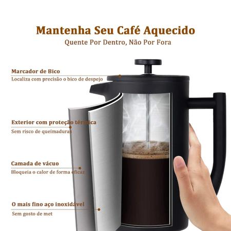 Imagem de Prensa Francesa Cafeteira Café Leite Creme Chá Filtro Inox 600ML Aço Inox Filtração 3 Níveis